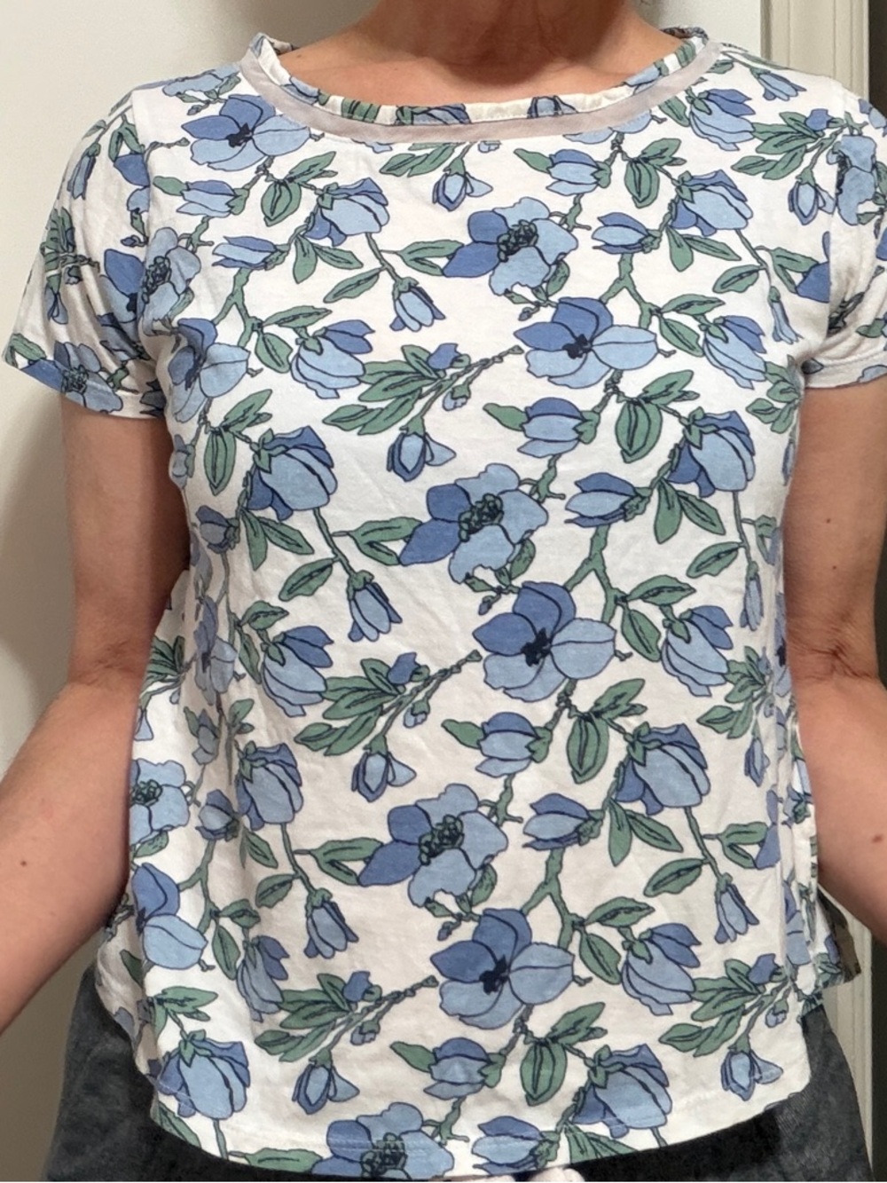 Women's White Short Sleeve Tee with Blue Floral Print